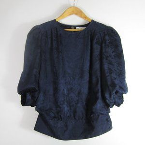 Vintage Argenti Womens 6 Navy Blue Floral 100% Silk SS Pleated Blouse Shirt S
